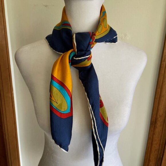 BURMEL Vintage Hand Rolled Bold Retro Print Blue Square Scarf - Picture 10 of 16